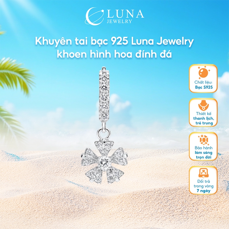 Khuyên tai bạc 925 Luna Jewelry khoen hình hoa đính đá
