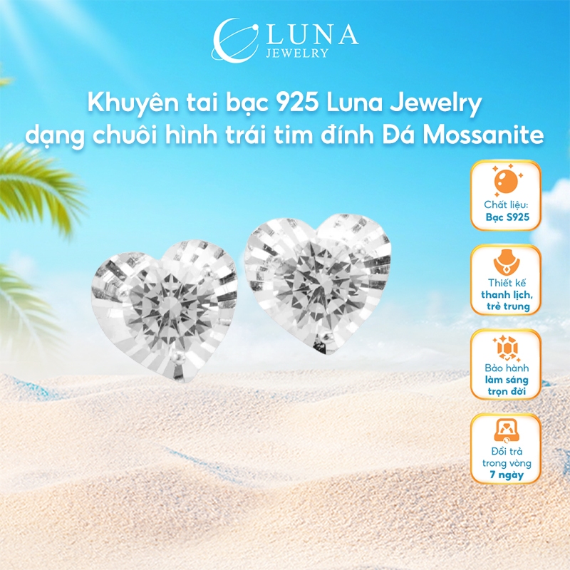 Khuyên tai bạc 925 Luna Jewelry dạng chuôi hình trái tim đính Đá Mossanite