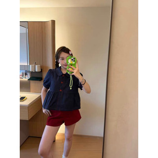 Le rouge | Helen top Áo sơ mi tay bồng cổ sen màu xanh cổ điển