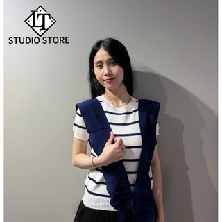 LT - Áo len nữ mongtoghi cộc tay kèm khăn choàng liền áo kẻ sọc ngang free size 1184