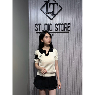 LT - Áo len nữ cổ bẻ len mongtoghi cộc tay sọc ngang len trơn basic 1192