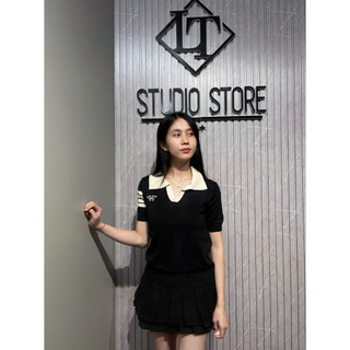 LT - Áo len nữ cổ bẻ len mongtoghi cộc tay sọc ngang len trơn basic 1192