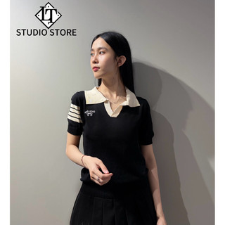 LT - Áo len nữ cổ bẻ len mongtoghi cộc tay sọc ngang len trơn basic 1192