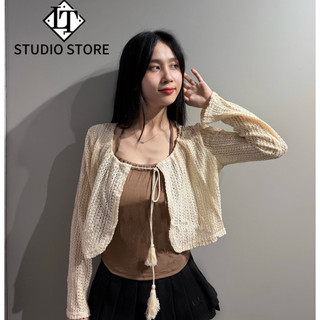 Áo yếm croptop kèm áo khoác cadigan len lưới, Set hai món mua một được hai 1352