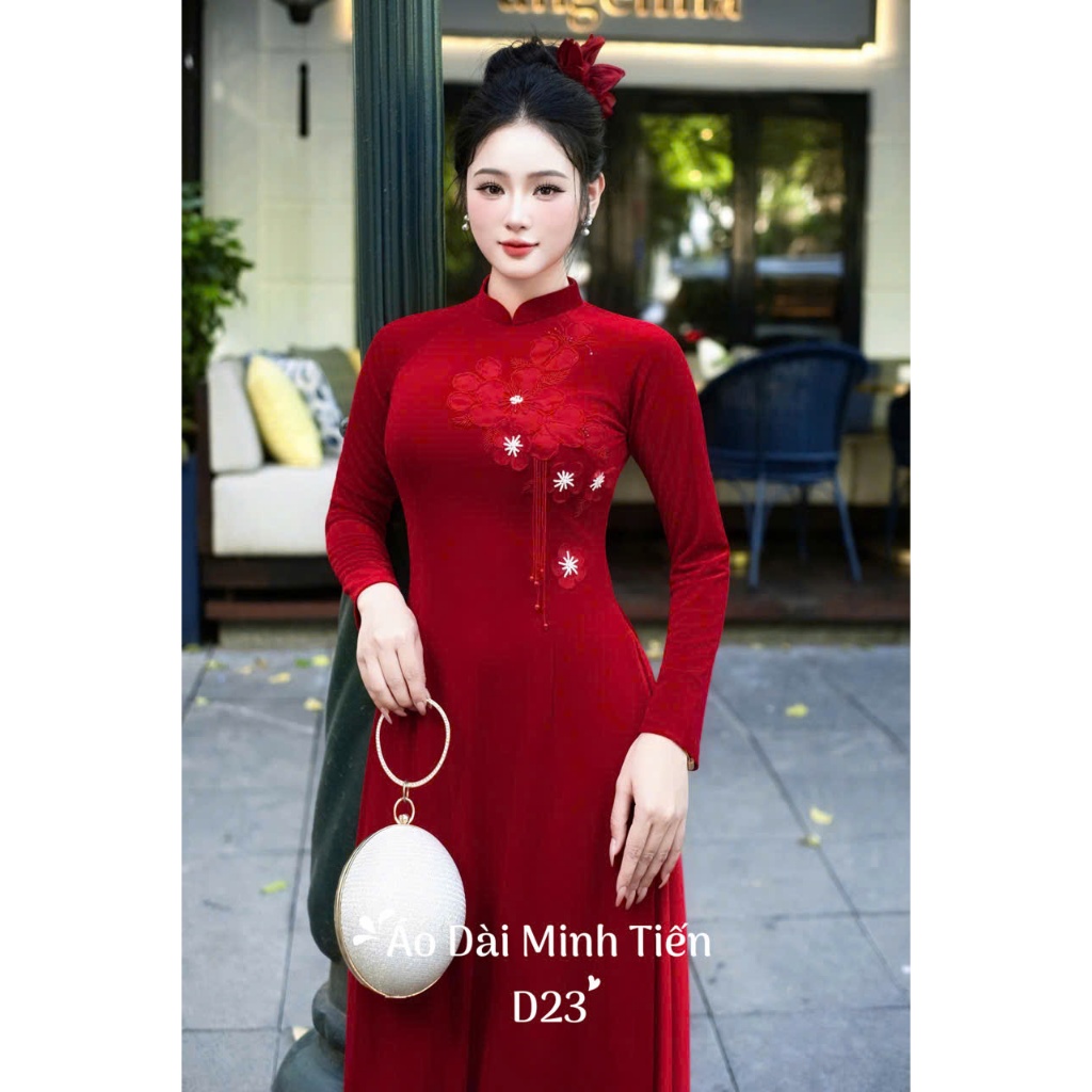 Áo Dài Chất Liệu Nhung The Cao Cấp Hàng May + Đính Kết Thủ Công Tỉ Mỉ Từng Áo - D23 Màu Đỏ Thuần