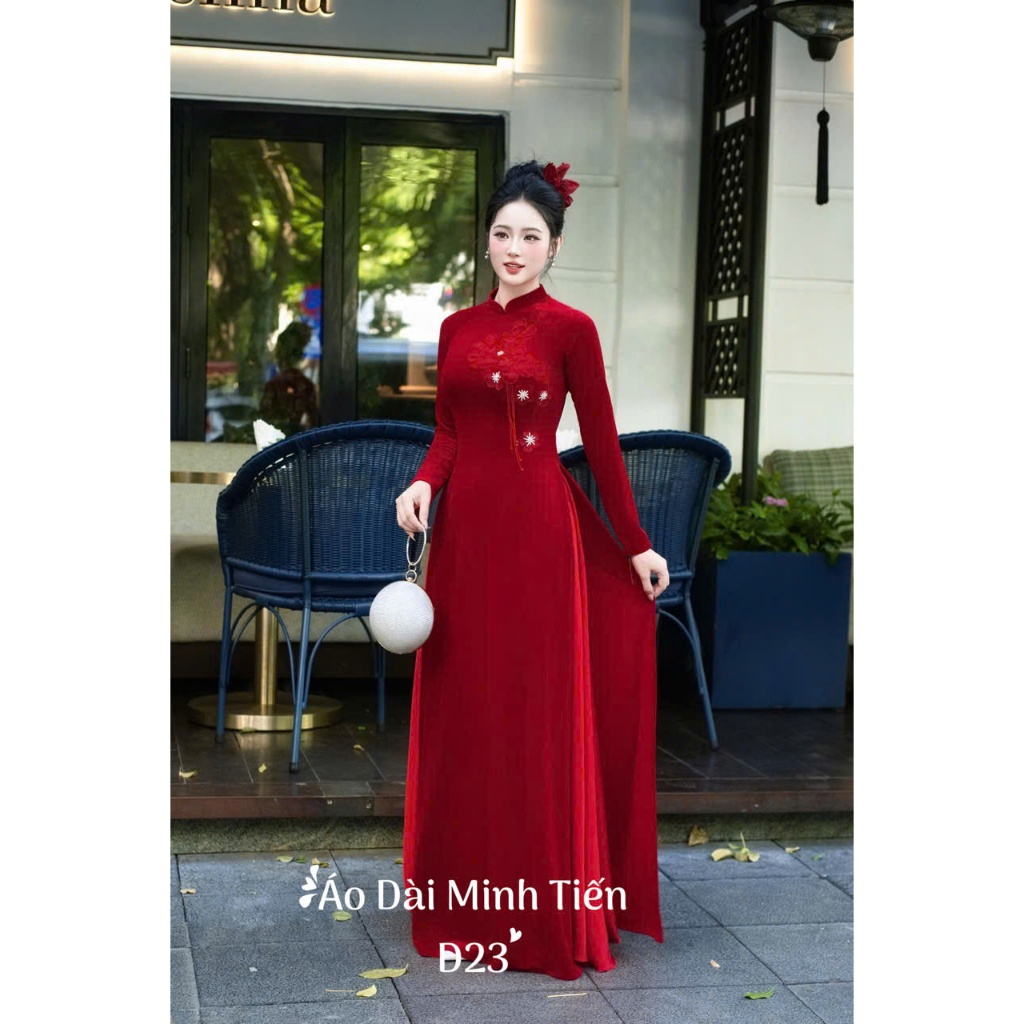 Áo Dài Chất Liệu Nhung The Cao Cấp Hàng May + Đính Kết Thủ Công Tỉ Mỉ Từng Áo - D23 Màu Đỏ Thuần