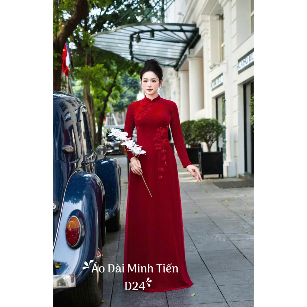 Áo Dài Chất Liệu Nhung The Cao Cấp Hàng May + Đính Kết Thủ Công Tỉ Mỉ Từng Áo - D23 Màu Đỏ Thuần