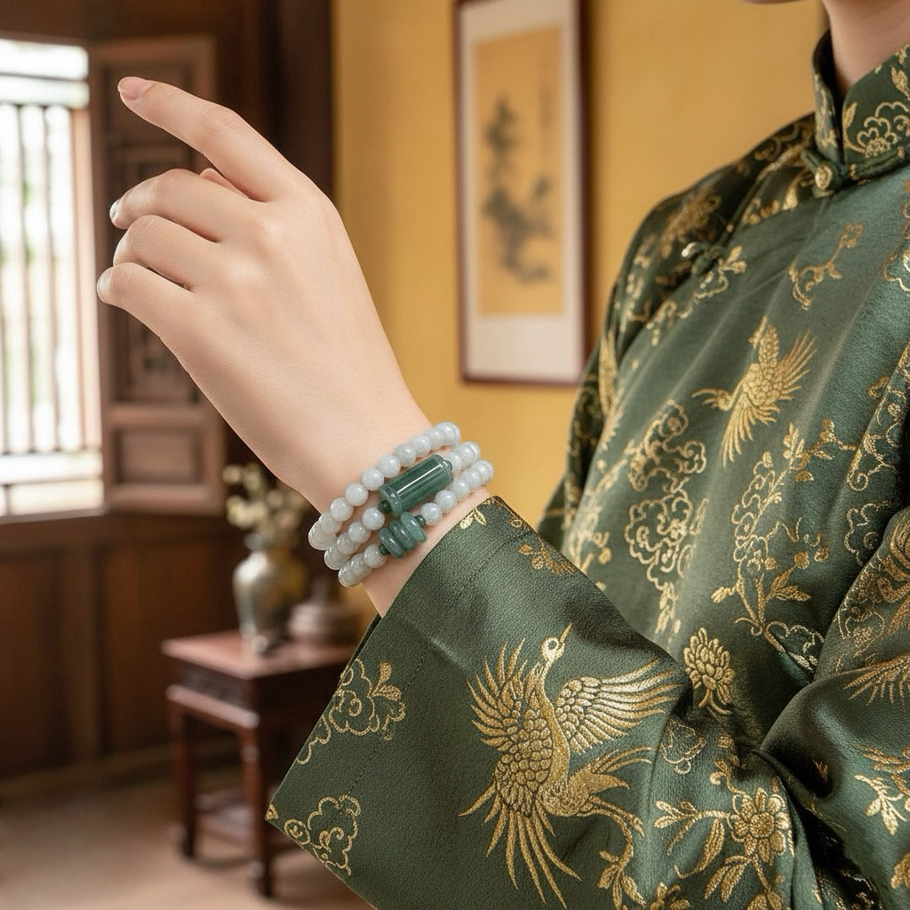 Vòng tay Phỉ Thúy quấn ba vòng mix Tam Điếu & Lu – Ngọc tự nhiên mang lại Vượng Khí, Hộ Thân Bình An