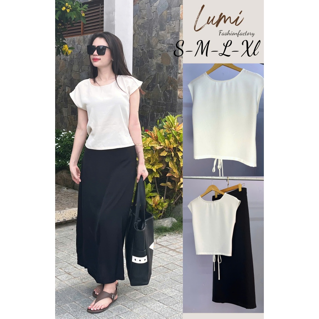 LUMI - Set đồ nữ áo kiểu cột nơ sau phối chân váy lụa dài xẻ tà thanh lịch nhẹ nhàng đi làm, đi chơi