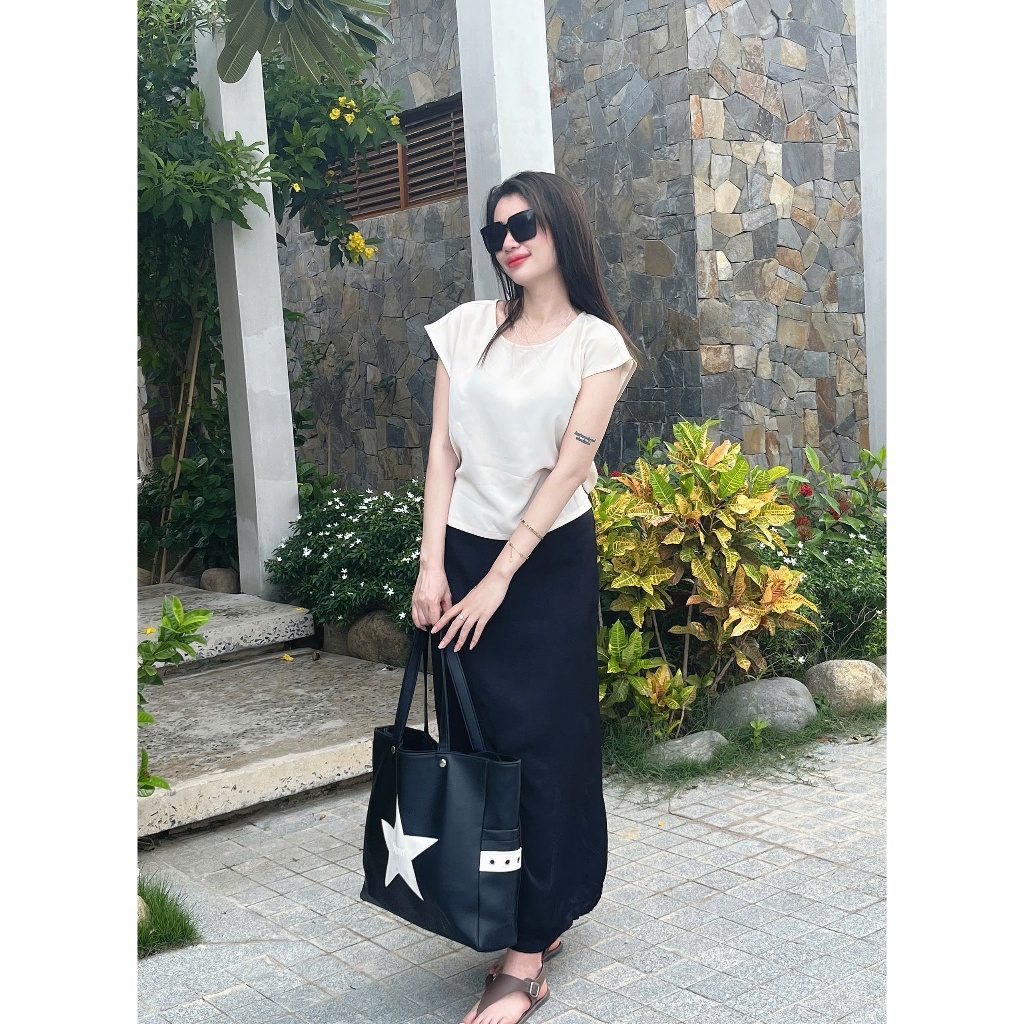 LUMI - Set đồ nữ áo kiểu cột nơ sau phối chân váy lụa dài xẻ tà thanh lịch nhẹ nhàng đi làm, đi chơi