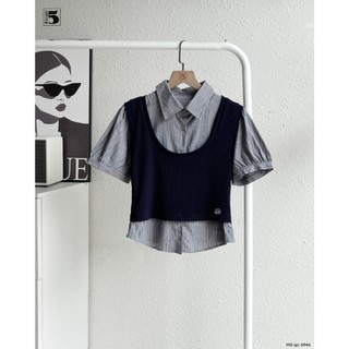 Áo Sơ Mi Nữ Phối Áo Gile Len Mỏng Dáng Croptop Ngắn Tay Thời Trang Hàn Quốc, Thiết Kế Trẻ Trung Tôn Dáng Cực Xinh 6946