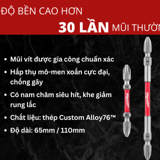 Mũi Vặn Vít PH2 Milwaukee 65mm/110mm | 2 Đầu 4 Cạnh Từ Tính | Siêu Bền – Cạnh Bake Siêu Cứng