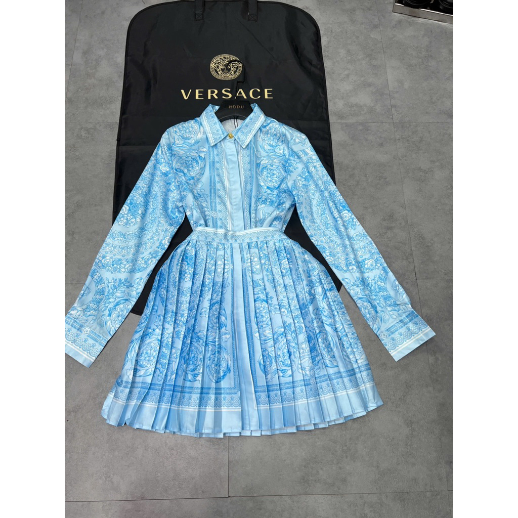 set áo cổ sơ mi và váy xòe màu xanh cao cấp