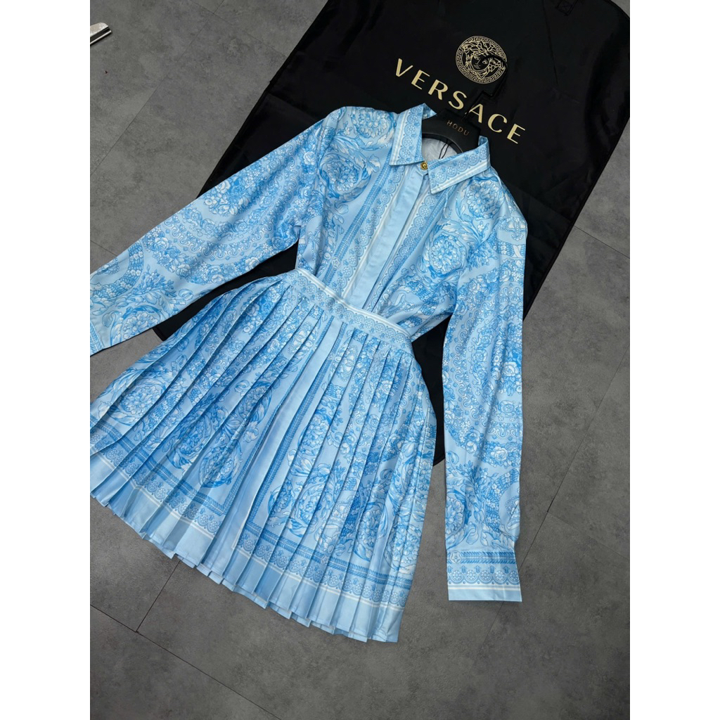 set áo cổ sơ mi và váy xòe màu xanh cao cấp