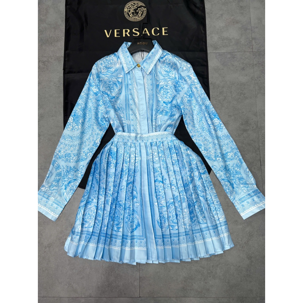 set áo cổ sơ mi và váy xòe màu xanh cao cấp