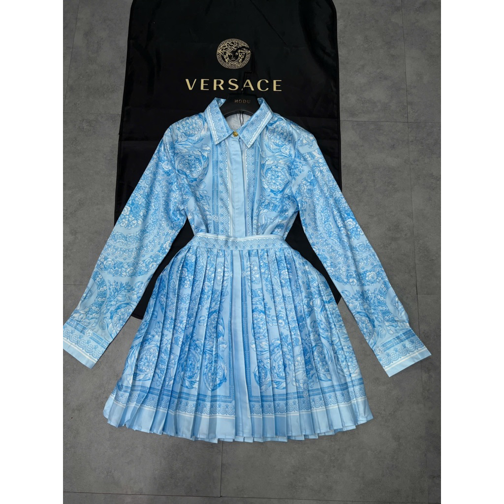 set áo cổ sơ mi và váy xòe màu xanh cao cấp