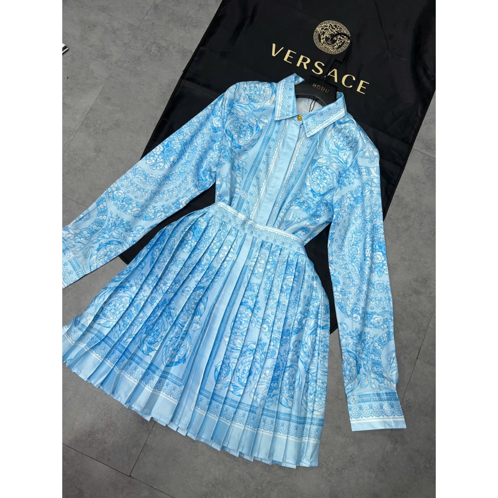 set áo cổ sơ mi và váy xòe màu xanh cao cấp