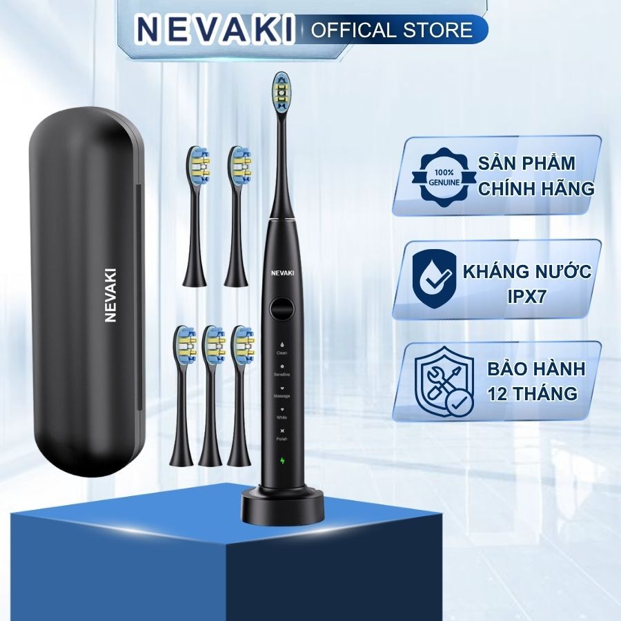 Bàn chải đánh răng điện NEVAKI X600 công nghệ sóng siêu âm với 6 đầu bàn chải thay thế sạc không dây