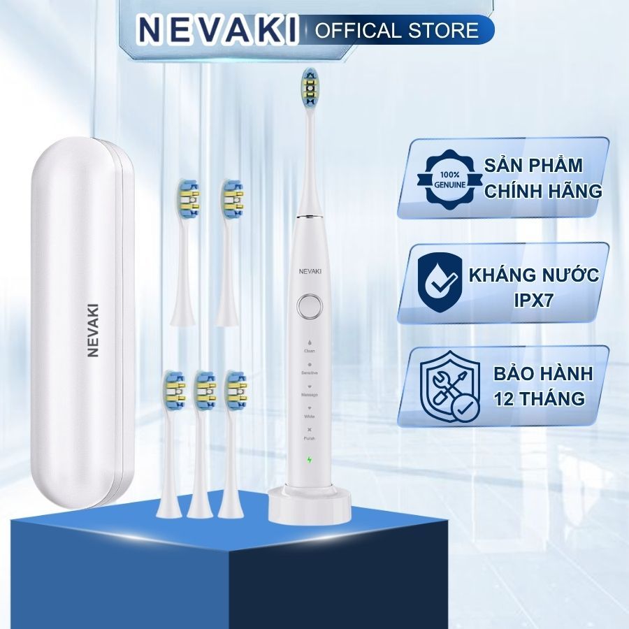Bàn chải đánh răng điện NEVAKI X600 công nghệ sóng siêu âm với 6 đầu bàn chải thay thế sạc không dây
