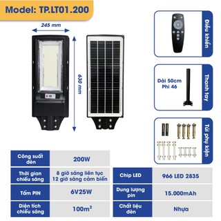Ảnh 2 – Đèn Đường Liền Thể Năng Lượng Mặt Trời TP SOLAR 200W, Chiếu Sáng 100m2 Xuyên Đêm, Cảm Biến Chuyển Động TP.LT01.200