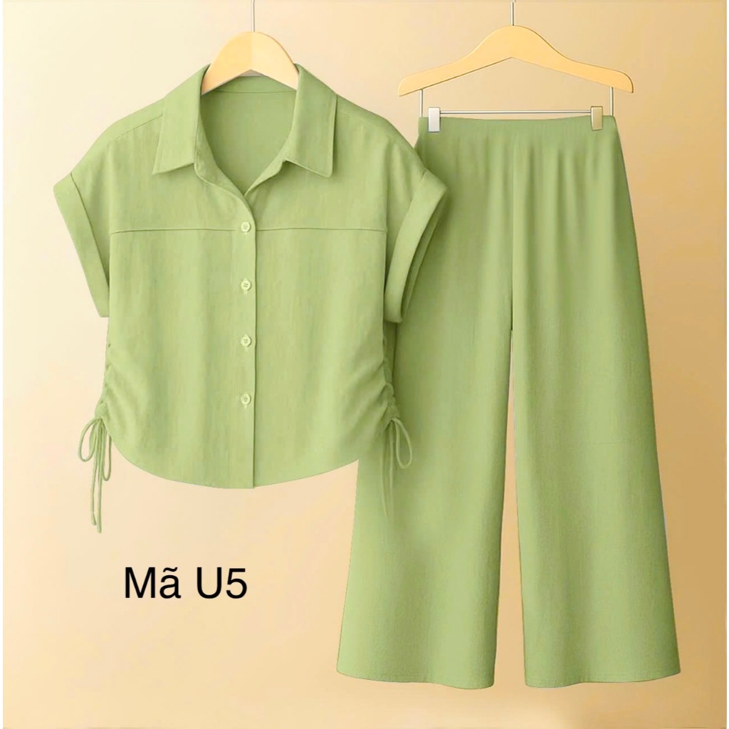 Set Đồ Nữ Sơ Mi 10 Màu, Dây Rút Đeo 2 Bên, Tay Hến, Quần Ống Suông chất ...