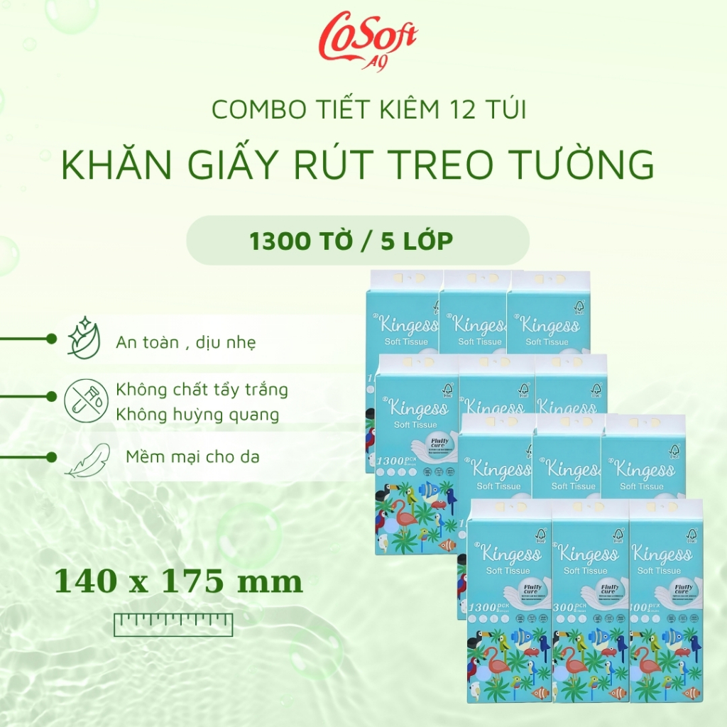 [Combo Siêu Tiết Kiệm 12 Túi Giấy Rút Kingess 1300 Tờ-5 Lớp–Mềm Mịn-Không Huỳnh Quang-An Toàn Cho Da