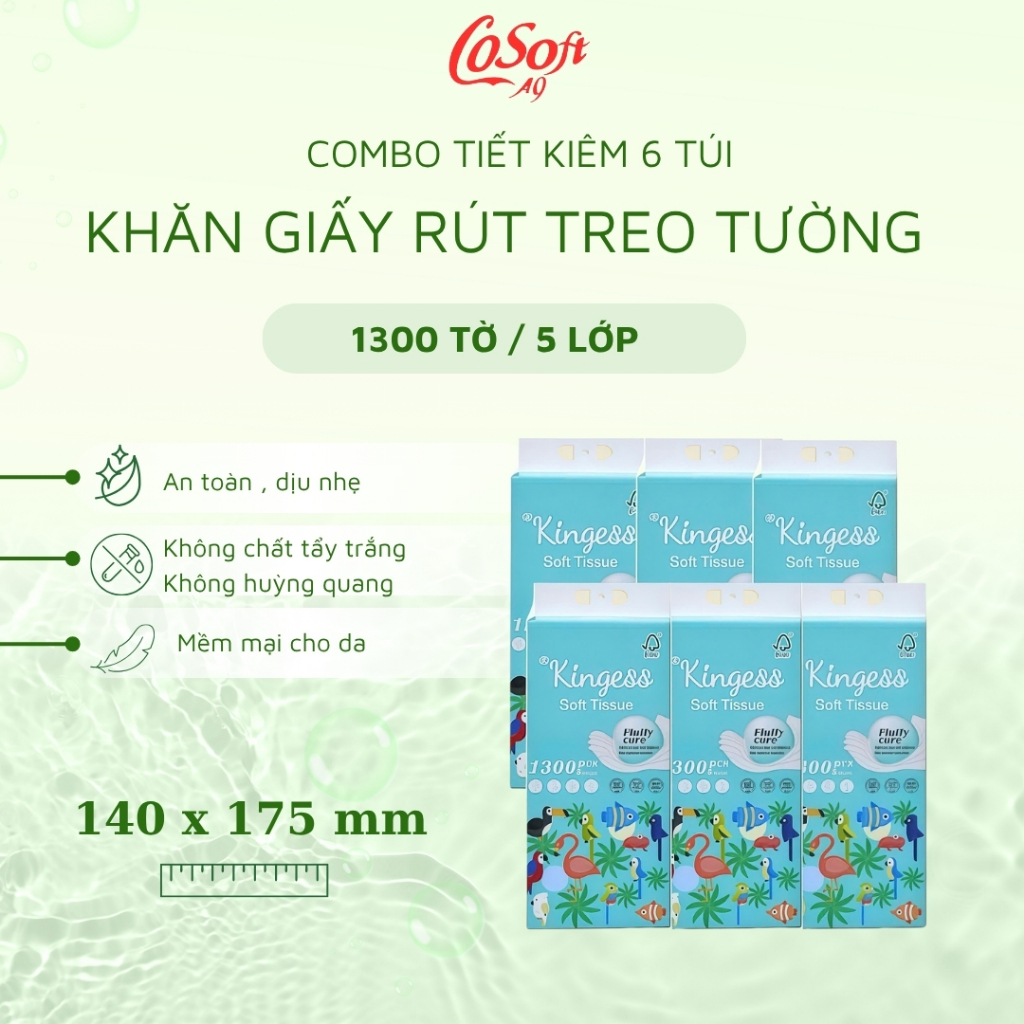 [Combo Siêu Tiết Kiệm 12 Túi Giấy Rút Kingess 1300 Tờ-5 Lớp–Mềm Mịn-Không Huỳnh Quang-An Toàn Cho Da