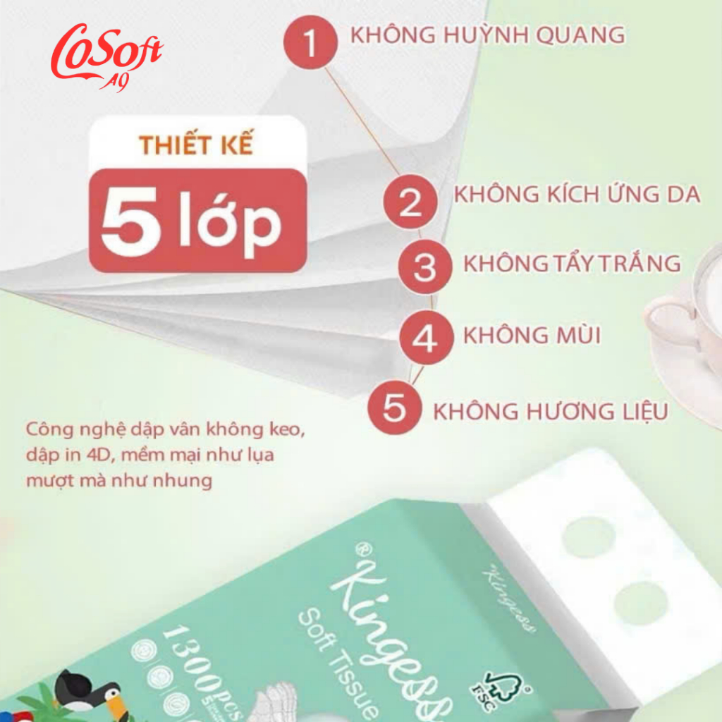 [Combo Siêu Tiết Kiệm 12 Túi Giấy Rút Kingess 1300 Tờ-5 Lớp–Mềm Mịn-Không Huỳnh Quang-An Toàn Cho Da