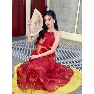 [ẢNH KHÁCH] Váy yếm đỏ họa tiết dân gian 🔥SIÊU HOT TẾT (yếm Trung Thu, yếm chụp tết, yếm chụp sen,yếm Hội An, Huế)n