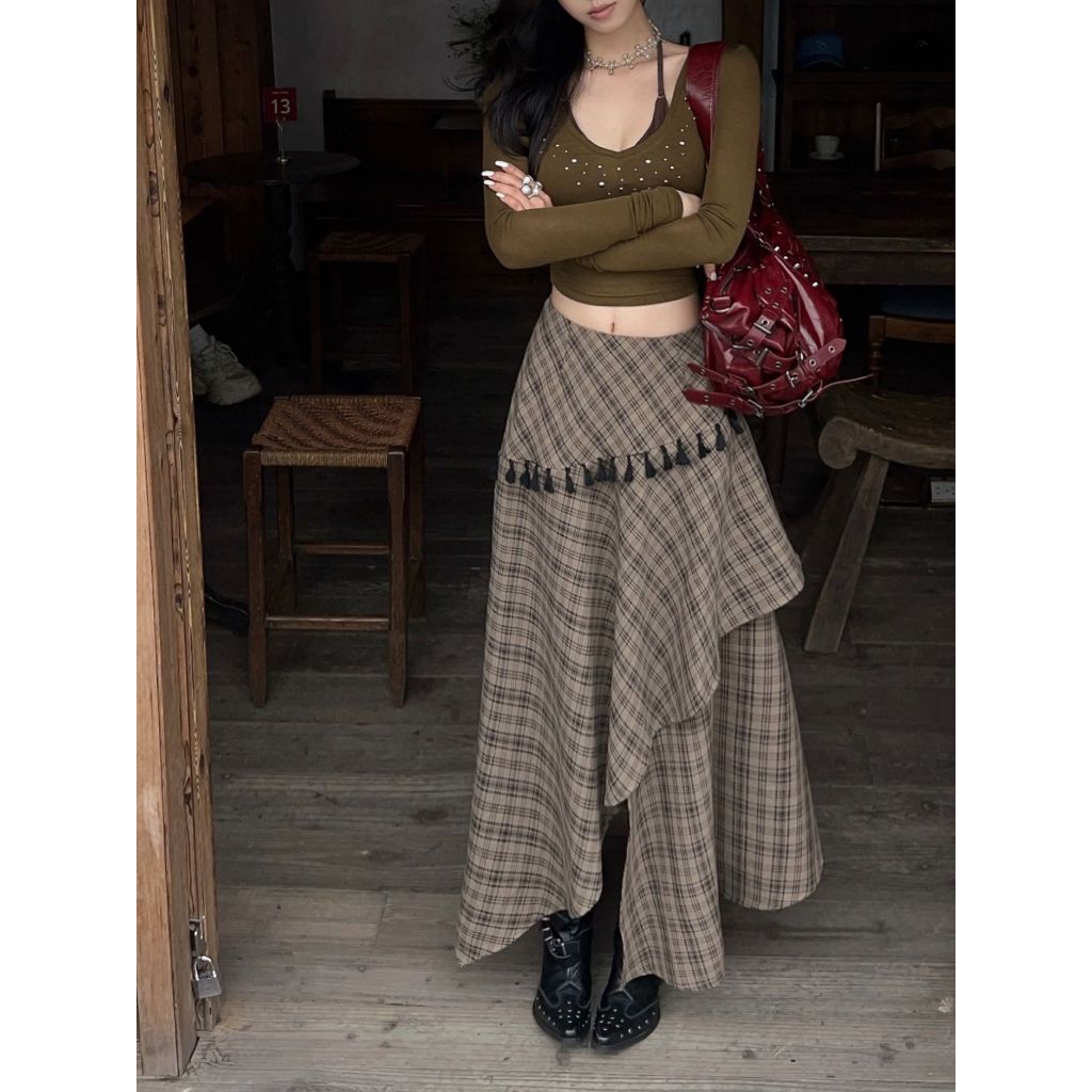 [KH11] Chân váy caro dáng dài bất đối xứng phối tua rua vintage thời trang nữ | KHAO Boutique
