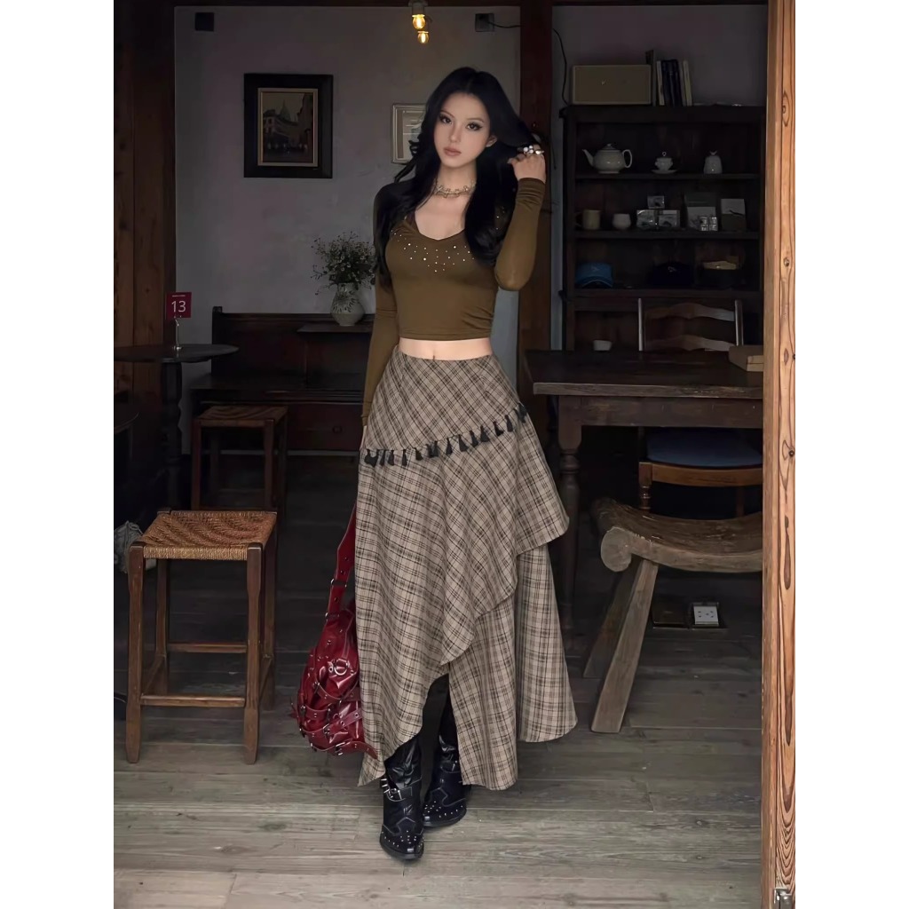[KH11] Chân váy caro dáng dài bất đối xứng phối tua rua vintage thời trang nữ | KHAO Boutique