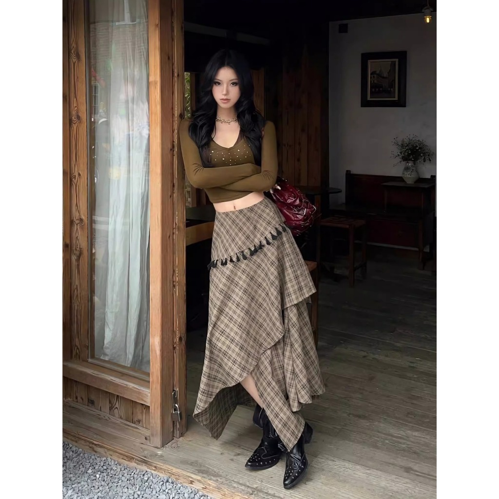 [KH11] Chân váy caro dáng dài bất đối xứng phối tua rua vintage thời trang nữ | KHAO Boutique