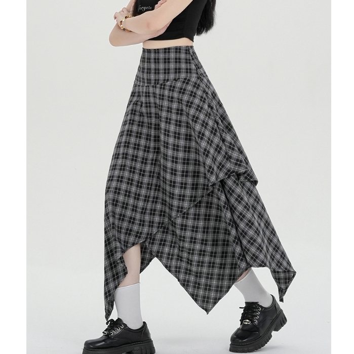 [KH09] Chân váy caro dáng dài bất đối xứng màu xám phong cách vintage cá tính | KHAO Boutique