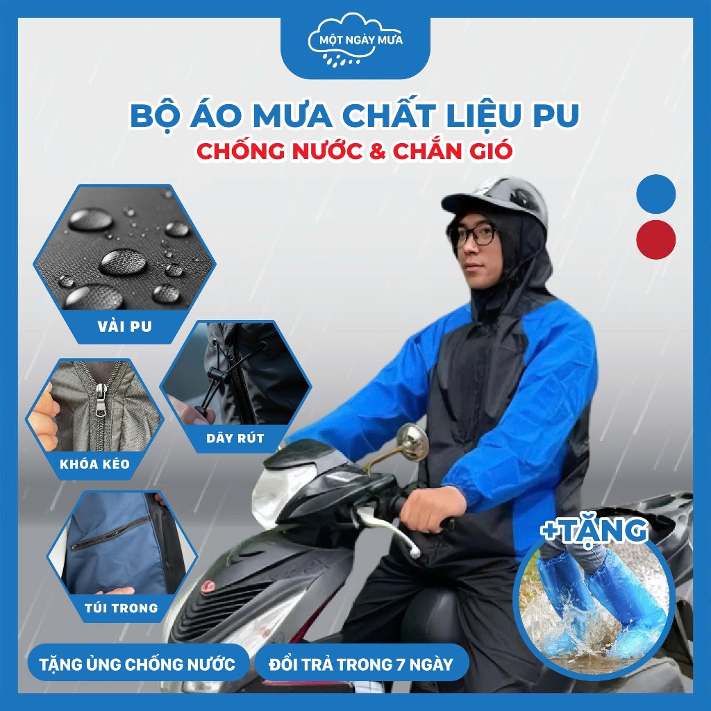 Áo mưa bộ chất liệu PU 02 lớp chắn mưa chắn gió siêu bền (áo + quần) - Tặng 01 ủng mưa