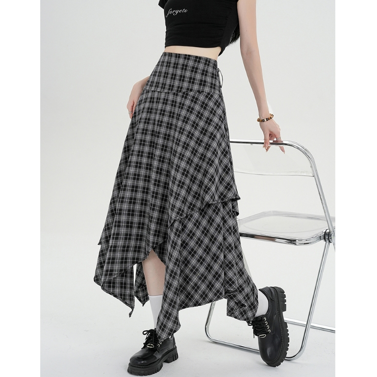 [KH09] Chân váy caro dáng dài bất đối xứng màu xám phong cách vintage cá tính | KHAO Boutique