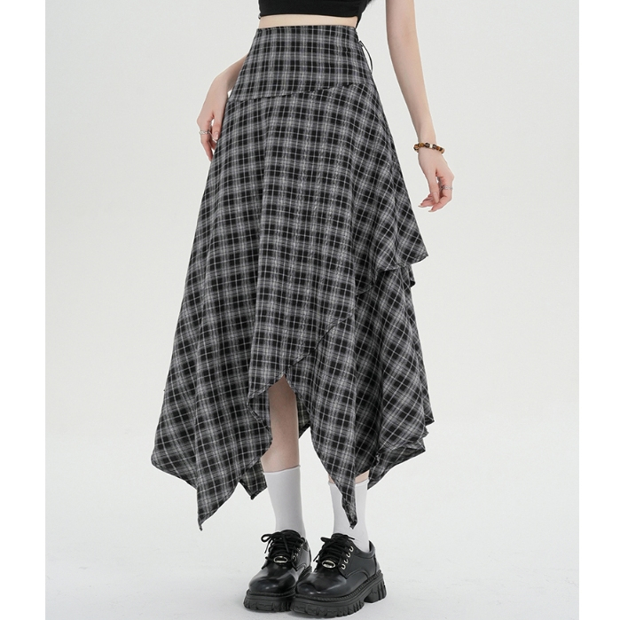 [KH09] Chân váy caro dáng dài bất đối xứng màu xám phong cách vintage cá tính | KHAO Boutique