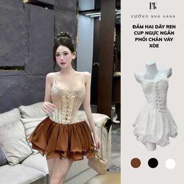 Đầm Hai Dây Ren Cúp Ngực Phối Chân Váy Xòe - Váy Phối Voan Lụa Mềm Chân Váy Xòe Nhiều Tầng