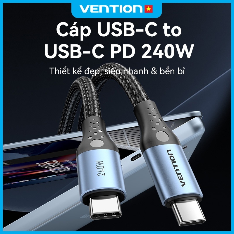 Cáp Sạc Nhanh Vention 240W Type C, Tốc Độ 480Mbps, Đầu Hợp Kim Nhôm Mạ Niken Bền Chắc Dây Dù Bện 4mm