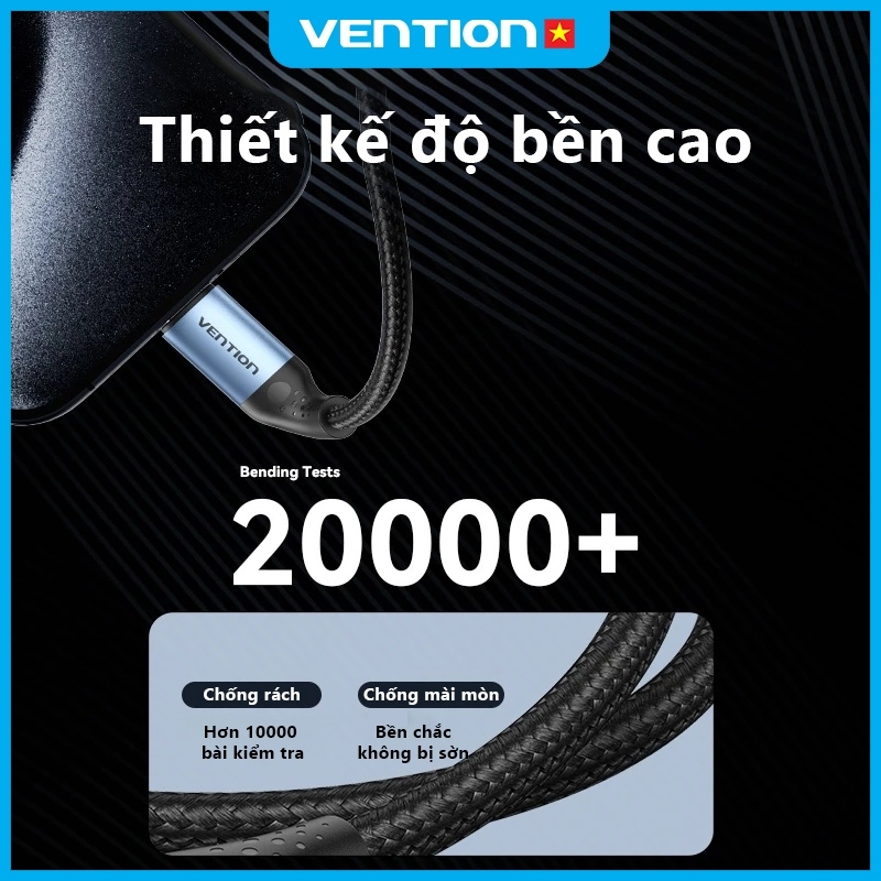 Cáp Sạc Nhanh Vention 240W Type C, Tốc Độ 480Mbps, Đầu Hợp Kim Nhôm Mạ Niken Bền Chắc Dây Dù Bện 4mm