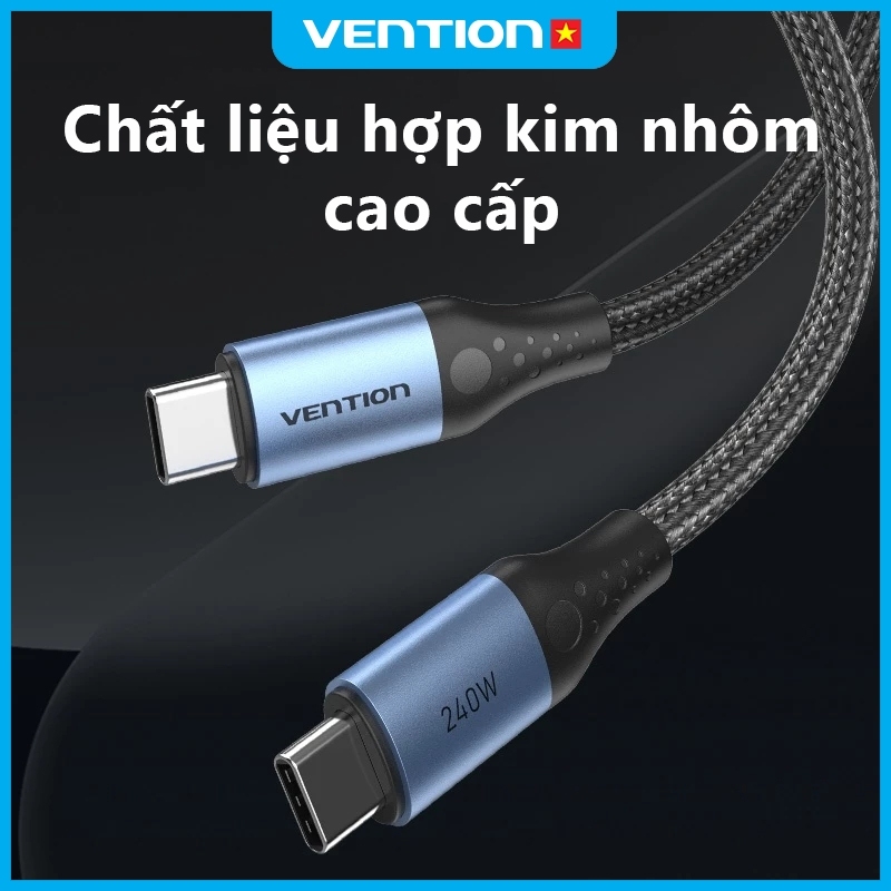 Cáp Sạc Nhanh Vention 240W Type C, Tốc Độ 480Mbps, Đầu Hợp Kim Nhôm Mạ Niken Bền Chắc Dây Dù Bện 4mm