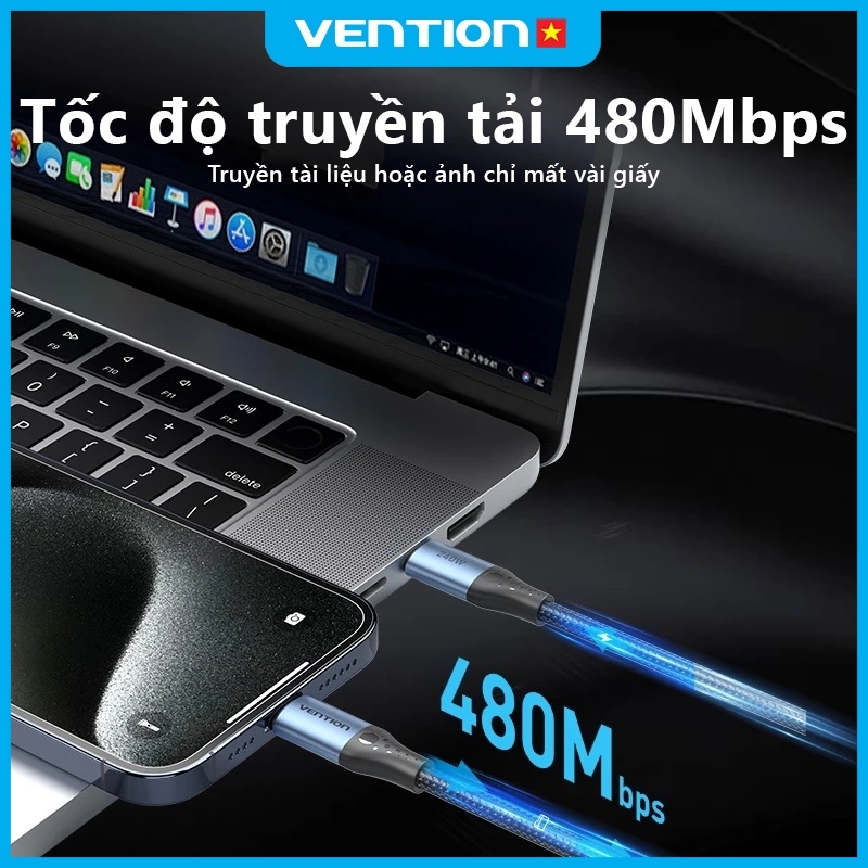 Cáp Sạc Nhanh Vention 240W Type C, Tốc Độ 480Mbps, Đầu Hợp Kim Nhôm Mạ Niken Bền Chắc Dây Dù Bện 4mm