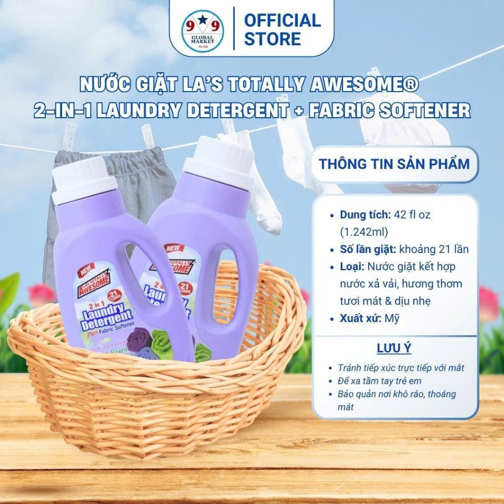 Nước giặt  - LA’s Totally Awesome® 2-in-1 - Laundry Detergent + Fabric Softener  -  1,24L - Màu tím