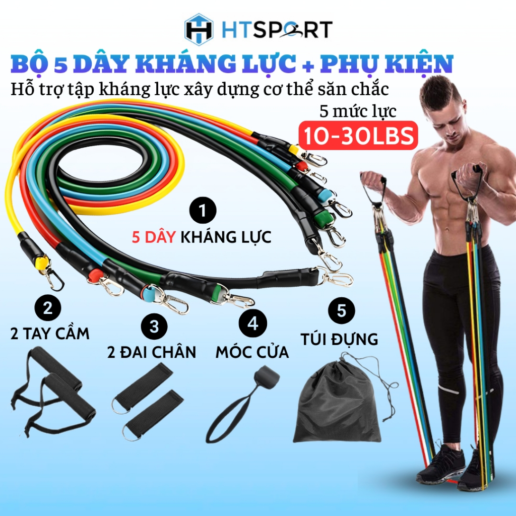 Bộ 5 Dây Kháng Lực Tập Body Kèm Phụ Kiện, Bộ Dây Đàn Hồi Ngũ Sắc Tập Gym Thể Hình Toàn Thân Kèm Túi