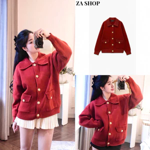 Áo cardigan len đỏ cam cổ bẻ khuy đồng sang chảnh, chất len dày mềm mịn hot hit