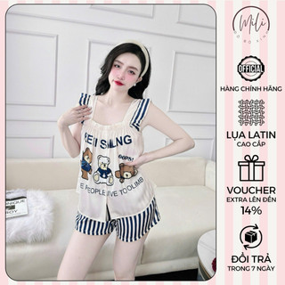 Đồ Bộ Ngủ Nữ, Đồ Mặc Nhà Lụa Latin Cao Cấp MiLi – Áo 2 Dây Tay Cánh Tiên, Quần Đùi Có Túi, Dễ Thương Xinh Xắn