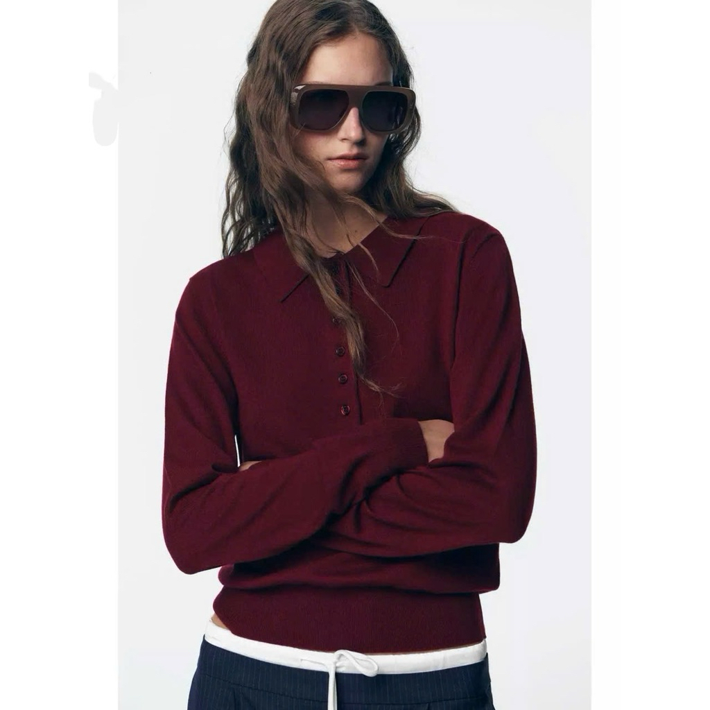 (Mới 2025) Áo len dài tay dệt kim 7 cúc cổ bẻ màu đỏ burgundy cao cấp, chất len mịn mềm hot hit