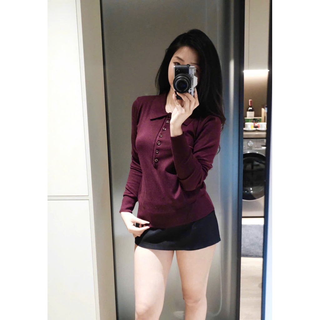 (Mới 2025) Áo len dài tay dệt kim 7 cúc cổ bẻ màu đỏ burgundy cao cấp, chất len mịn mềm hot hit