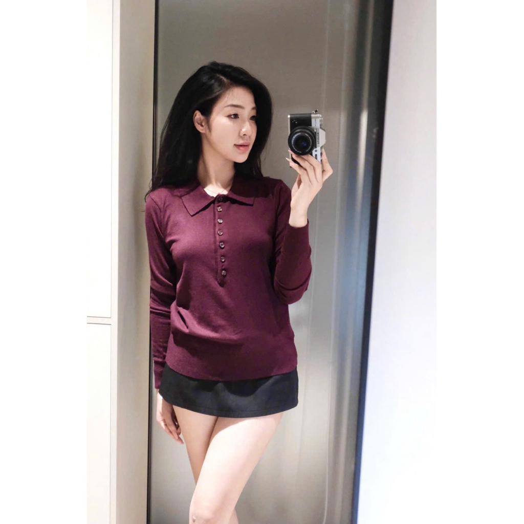 (Mới 2025) Áo len dài tay dệt kim 7 cúc cổ bẻ màu đỏ burgundy cao cấp, chất len mịn mềm hot hit
