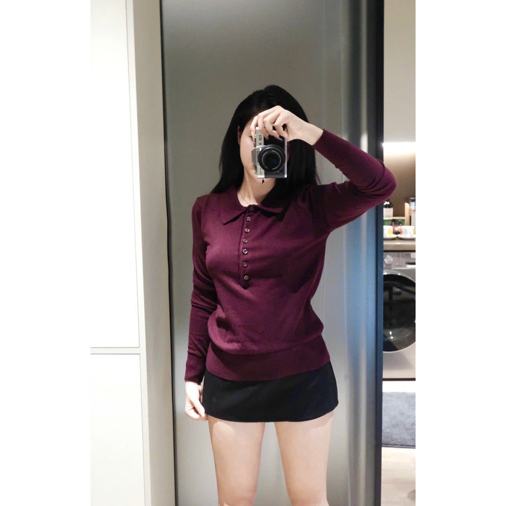(Mới 2025) Áo len dài tay dệt kim 7 cúc cổ bẻ màu đỏ burgundy cao cấp, chất len mịn mềm hot hit