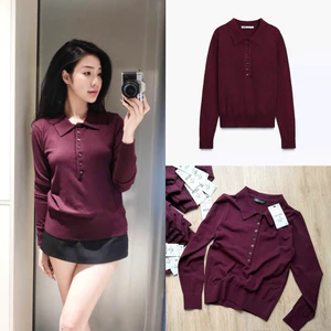 Áo len dài tay dệt kim 7 cúc cổ bẻ màu đỏ burgundy cao cấp, chất len mịn mềm hot hit